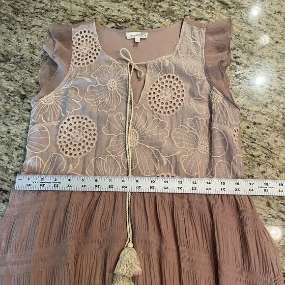Mystree Size Small Taupe Ruffle Embroidered Dress Midi Boho Fairy - Picture 11 of 12